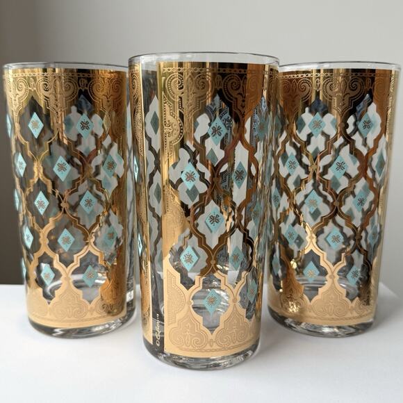 Culver Midcentury Valencia Turquoise Diamond 22k Gold Gilded Highball Glasses - Picture 1 of 11